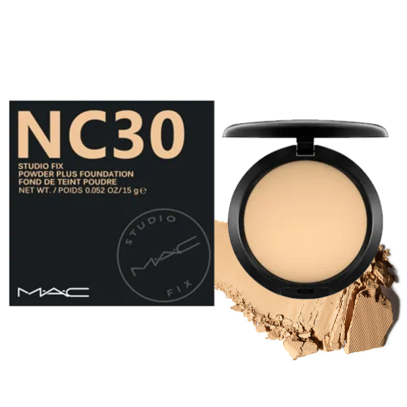 MAC Studio Fix Powder Plus Foundation NC30 compact open revealing powder with sponge applicator