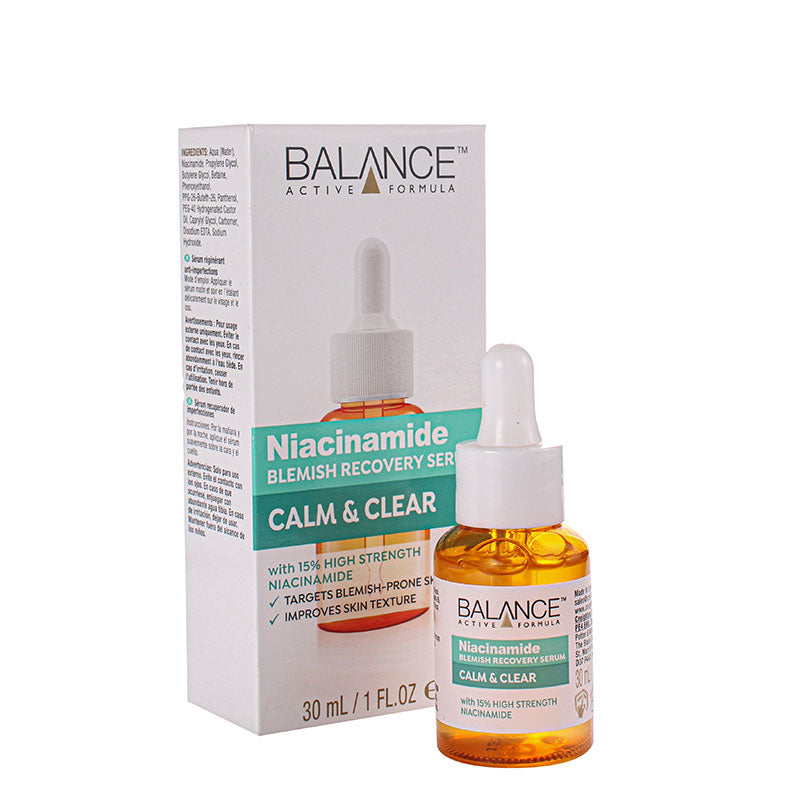 Balance Active Formula Niacinamide Blemish Recovery Serum in 30ml glass bottle with dropper on white background