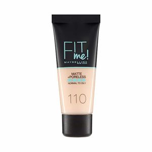 Maybelline Fit Me Matte & Poreless Foundation bottle in shade 110 Porcelain on a white surface