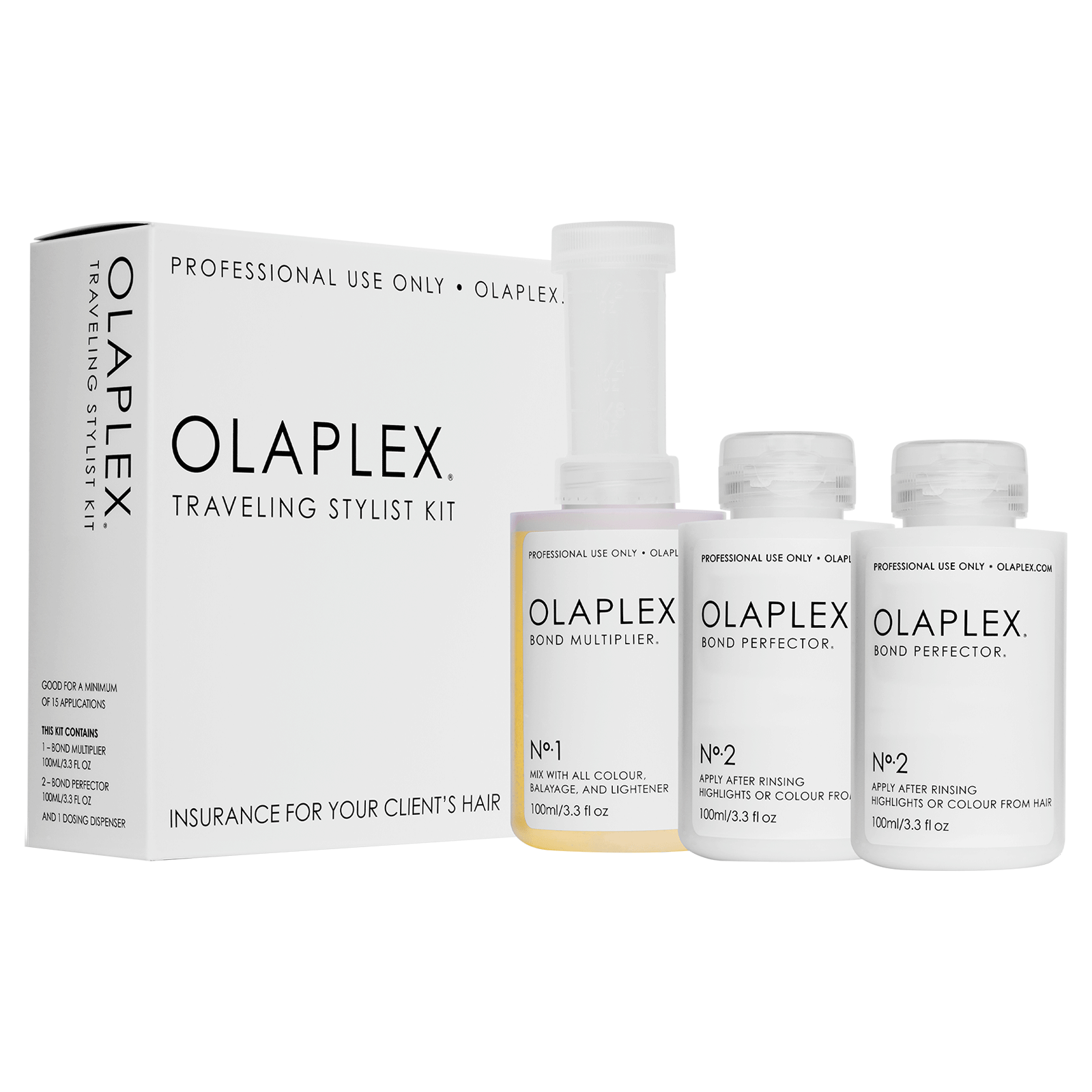 Olaplex Traveling Stylist Kit 3-in-1 with three 100ml tubes in a clear pouch on white background