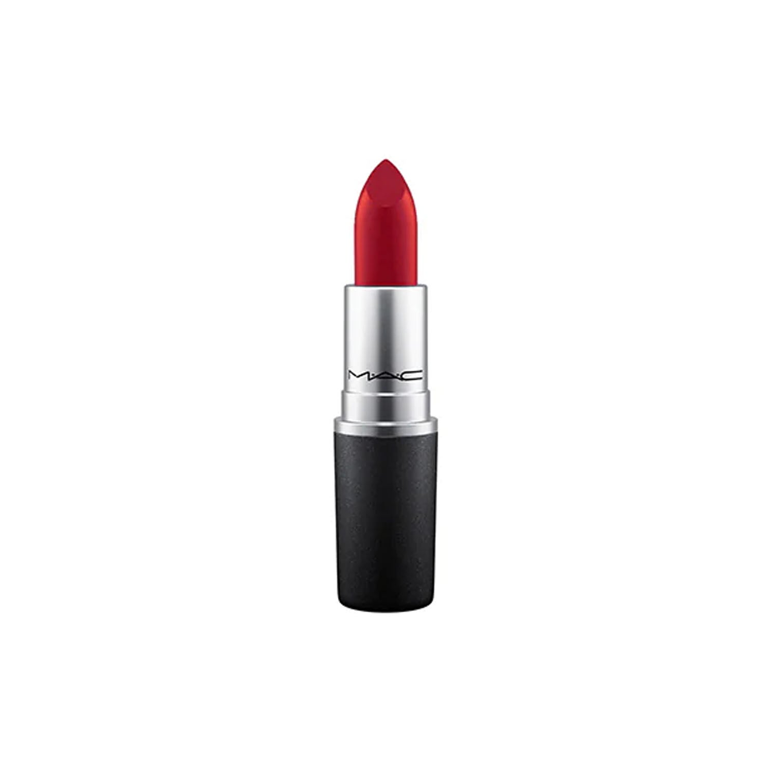 MAC Powder Kiss Lipstick in Ruby Woo, a bold red shade with a matte finish, shown in sleek black bullet packaging