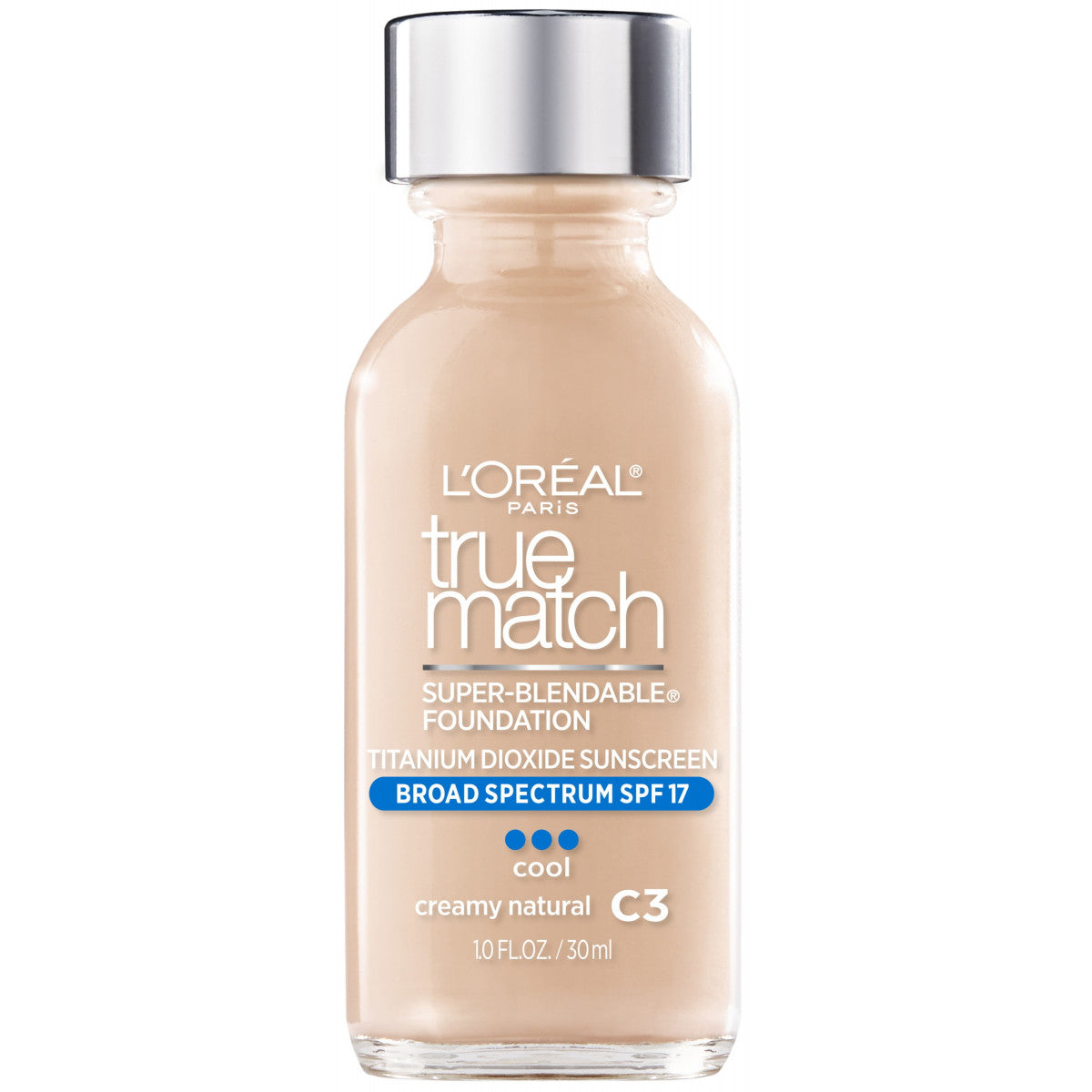 L'Oréal Paris True Match Foundation in shade C3 Creamy Natural, 30ml glass bottle with black cap on white background