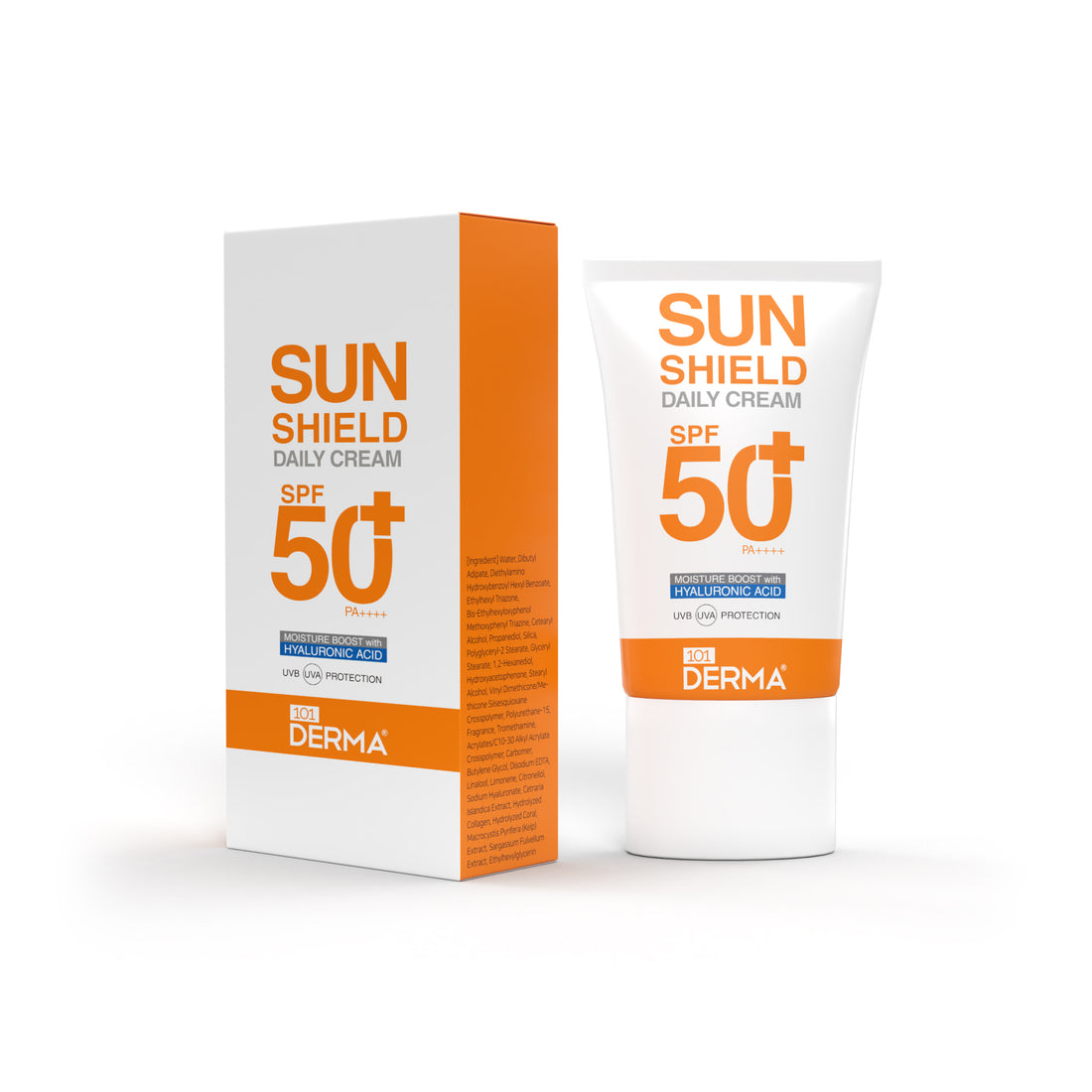 101 Derma Sun Sheild Daily Cream SPF50+ in white packaging with pump dispenser