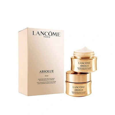 Lancôme Absolue Revitalizing Eye Cream Duo with two 20ml jars and gold lids on a white surface