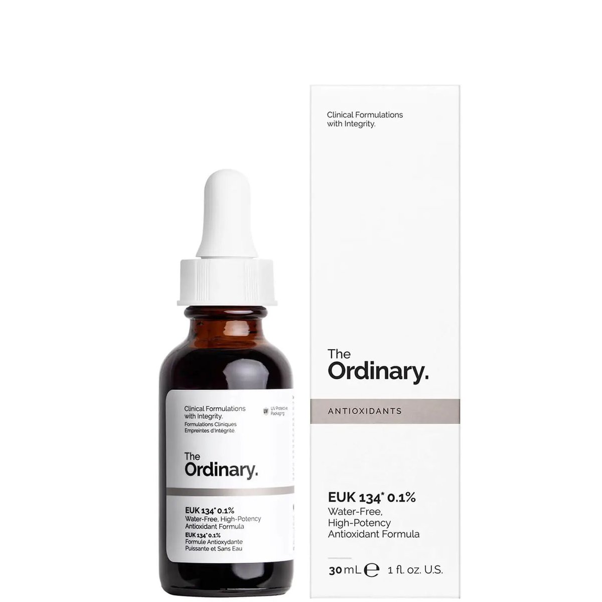 The Ordinary EUK 134 0.1% serum in a 30ml glass bottle with dropper, against a clean white background