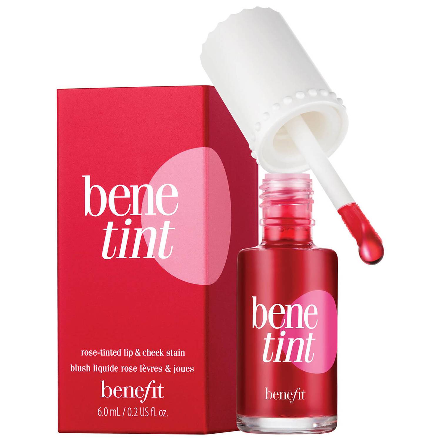 Benefit Benetint Rose Lip & Cheek Stain 6 ml bottle with rose-tinted liquid and brush applicator