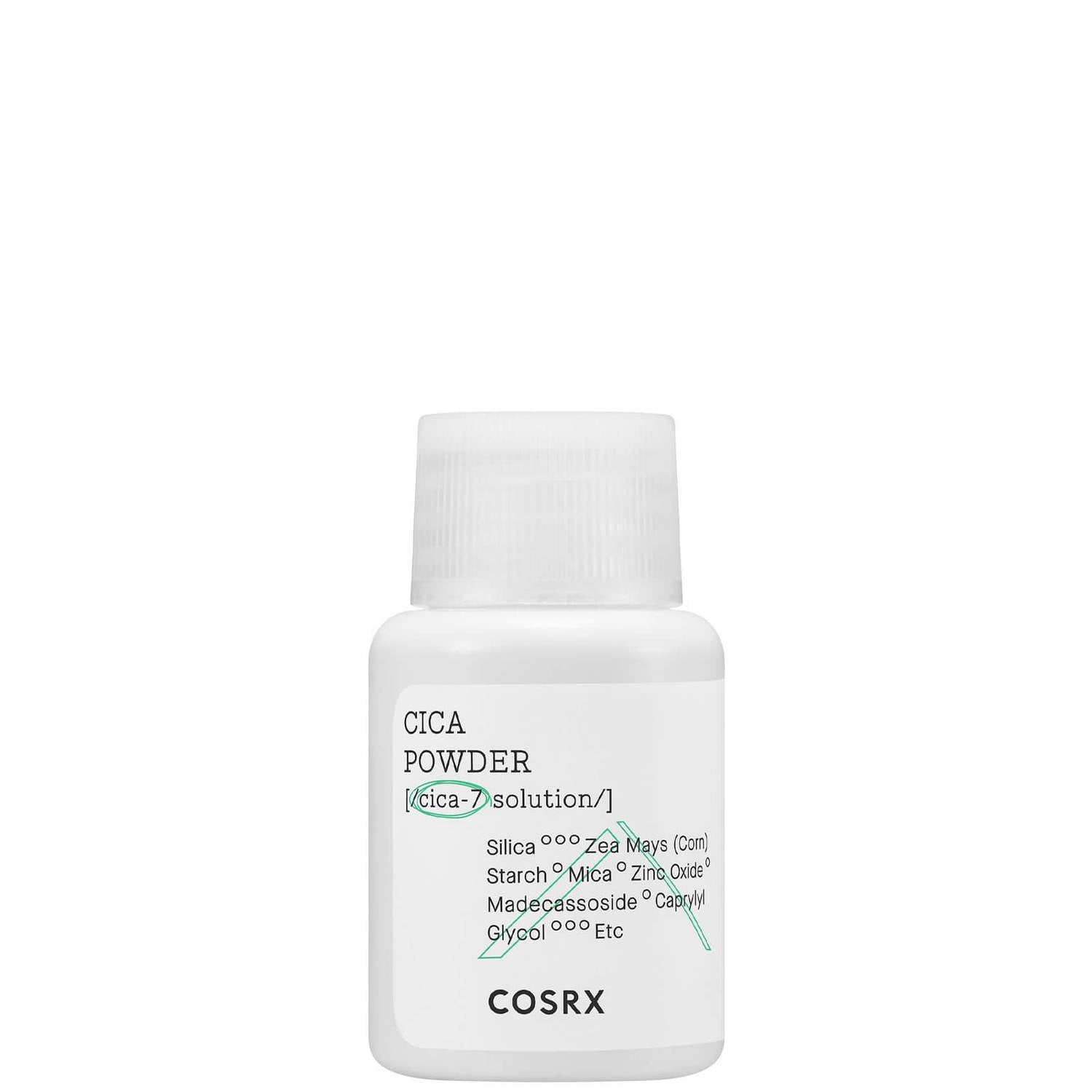 Cosrx Cica Powder 7G packaging — a white plastic jar with a black lid and green accents, showing the product name and size