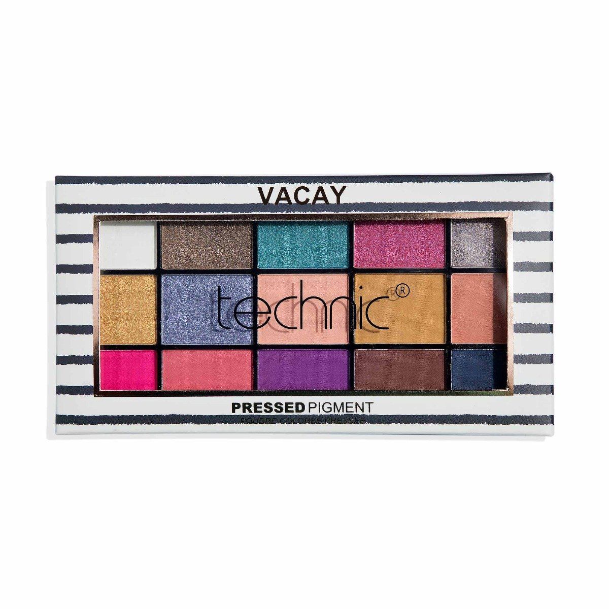 Technic Vacay eyeshadow palette open showing 12 pressed pigment shades in neutrals and brights
