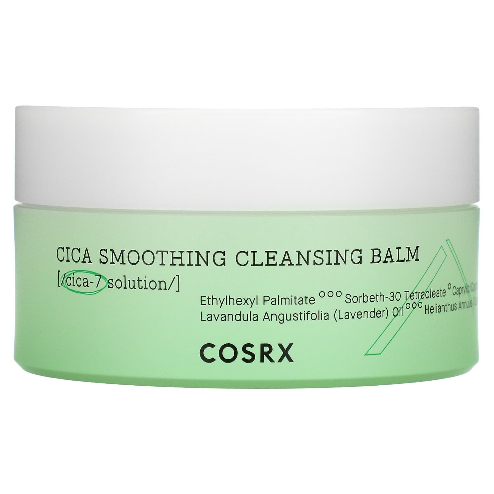 Cosrx Cica Smoothing Cleansing Balm in a white tub with green accents on a neutral surface