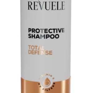 Revuele Total Defence Protective Shampoo in a white 250ml bottle with blue accents, held in hand against a neutral background