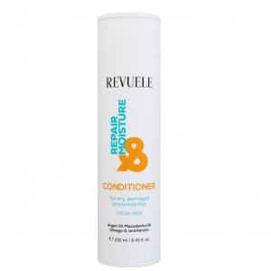Revuele Repair & Moisture Conditioner 250ml white bottle with black cap on a marble surface