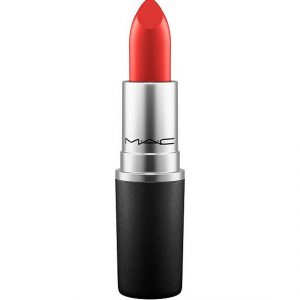 MAC Powder Kiss Lipstick in Lady Bug shade swatch on lips showing soft-focus matte finish