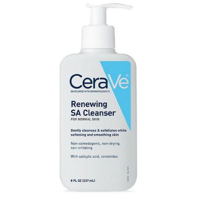 CeraVe Renewing Salicylic Acid Face Cleanser in a white pump bottle against a clean background