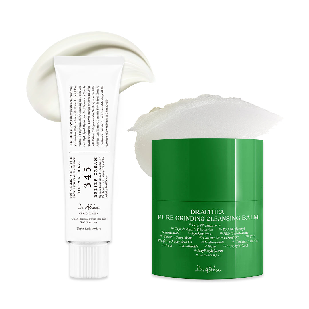 Dr.Althea 345 Relief Cream and Pure Grinding Cleansing Balm set on white background