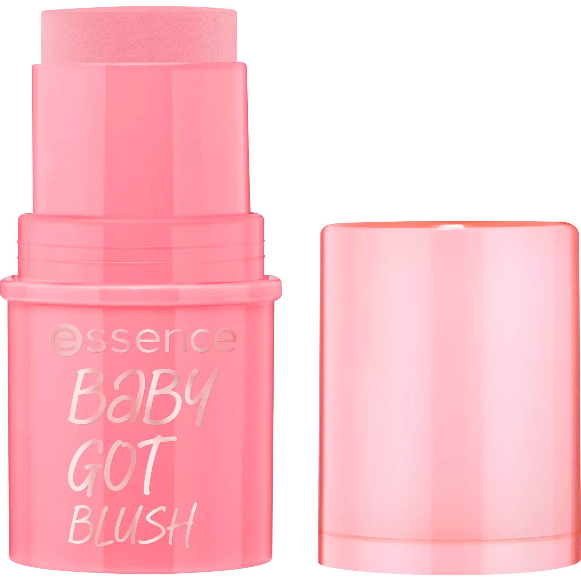 essence baby got blush stick in shade Tickle Me Pink, full-size packaging swatched on skin