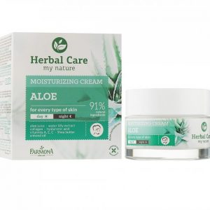 Farmona Aloe Herbal Care face cream in a 50 ml white and green tube, close-up on packaging