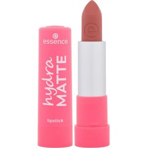Essence Hydra Matte 403 Peach It! lipstick swatch showing warm peach tone on skin