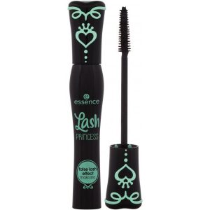 Essence Lash Princess False Lash Effect Mascara in a black patterned tube, shown with a single lash stroke on a white background