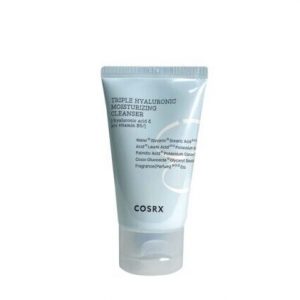 COSRX Triple Hyaluronic Moisturizing Cleanser 50ml tube on white surface