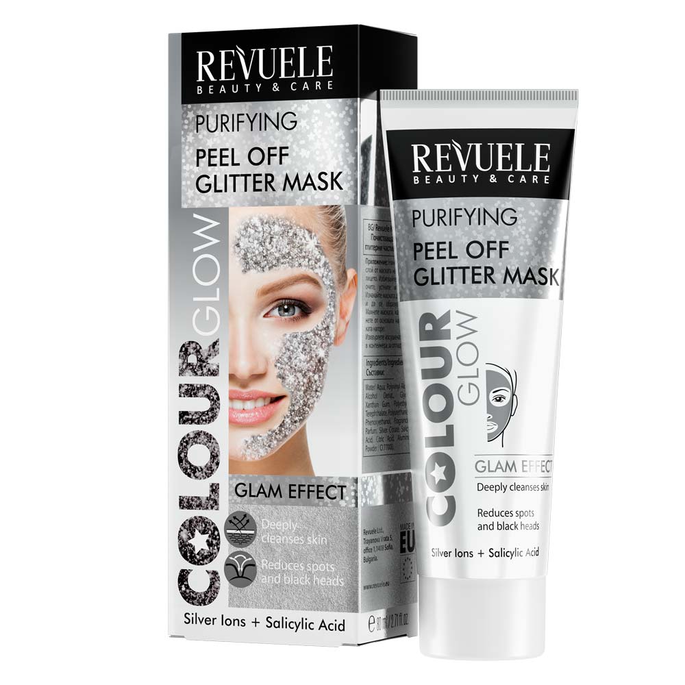 Revuele Peel Off Glitter Mask Gray 80Ml tube packaging on a clean white surface