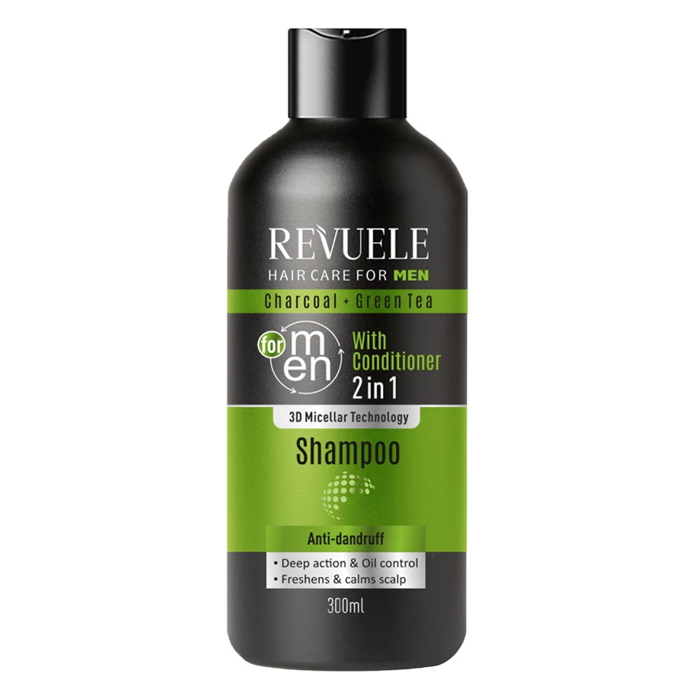 Revuele Charcoal Shampoo 300ml bottle on a bathroom shelf
