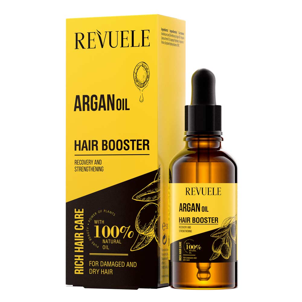 Revuele Argan Hair Booster 30ml – clear dropper bottle with amber oil, product on white background