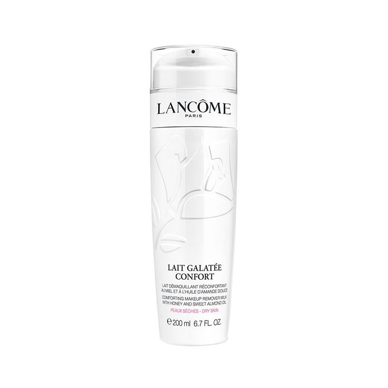 Lancome Galatee Confort 200Ml bottle on a white surface, creamy white texture visible