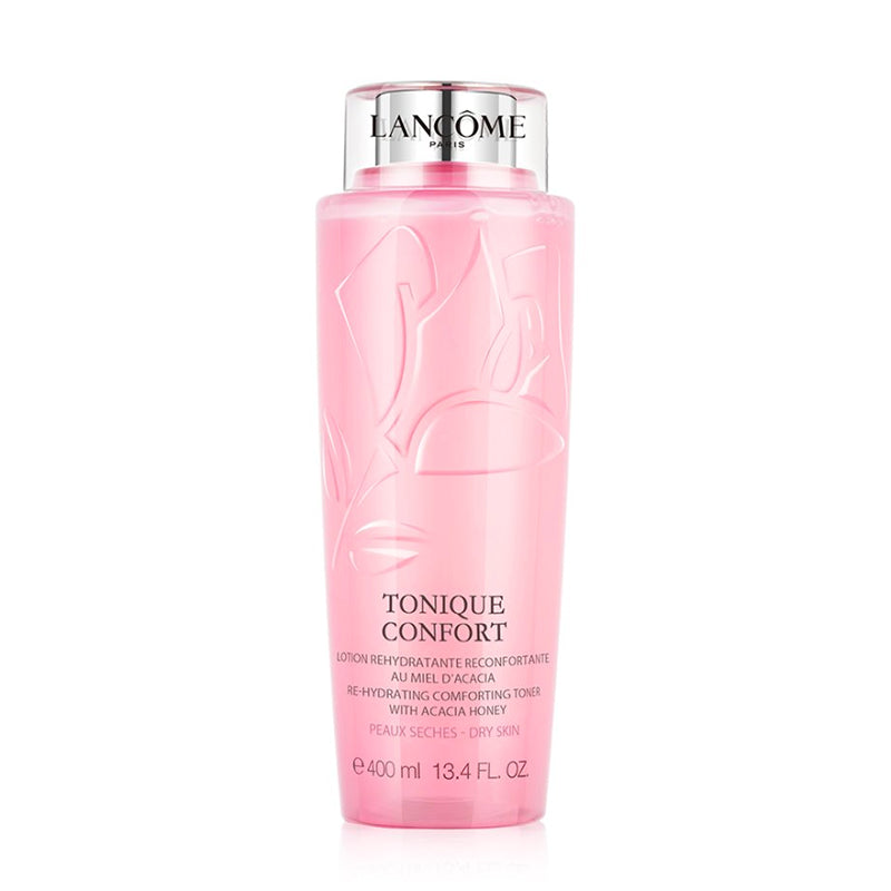 Lancôme Tonique Confort 400ml pink plastic bottle with white cap against clean background