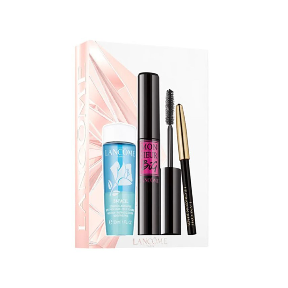 Lancôme Lash Idôle mascara and pencil cleanser set on white background, three products displayed