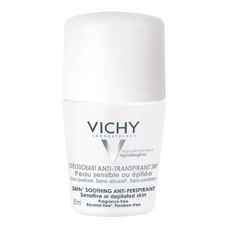 Vichy 48h anti-perspirant deodorant roll-on for sensitive skin, 50ml white bottle with blue cap