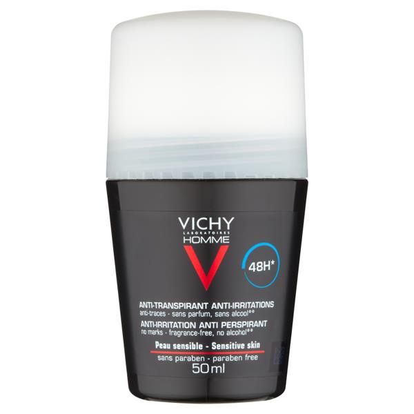Vichy Homme Sensitive Skin 48H Deodorant Roll-On 50ml white bottle front view
