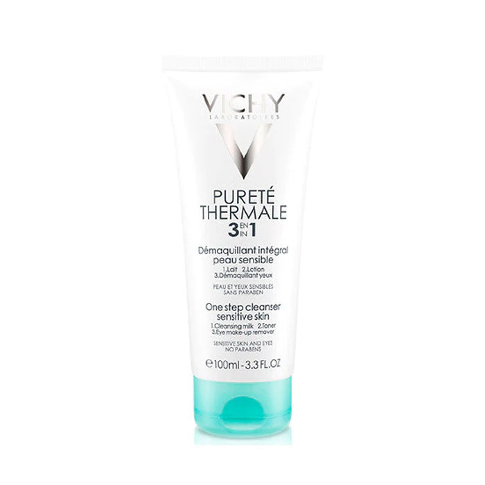 Vichy Purete Thermal 3-in-1 One Step Cleanser 100ml milky white liquid in white tube with blue accents
