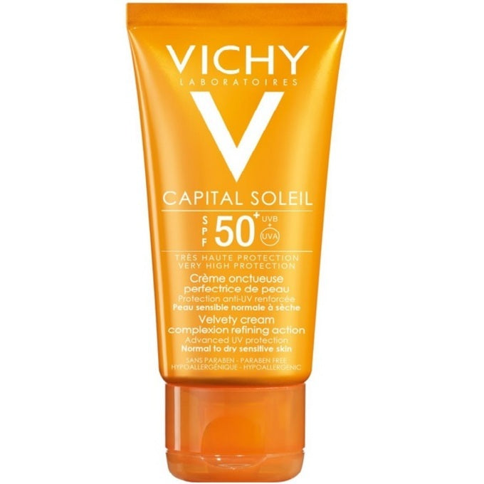 Vichy Ideal Soleil Velvety Face Cream SPF50 50ml tube on a white surface, soft natural lighting