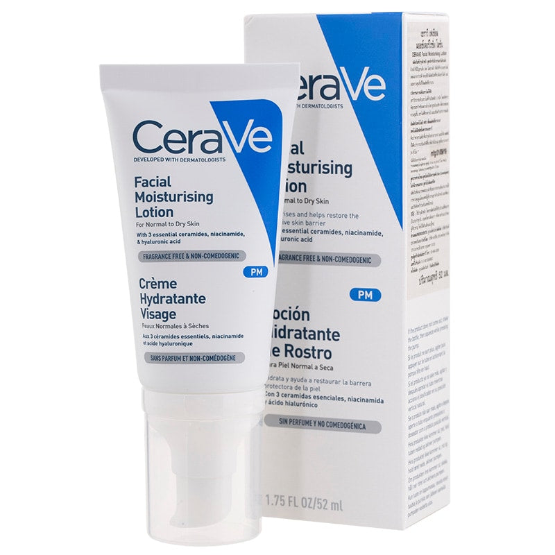CeraVe PM Moisturising Lotion 52ml pump bottle on marble surface
