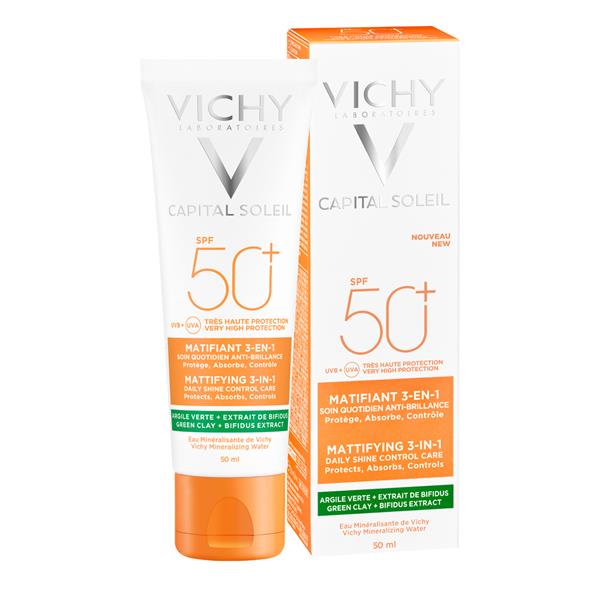 Vichy Capital Soleil Mattifying Protector 3 in 1 SPF50+ 50ml front packaging – orange and white tube