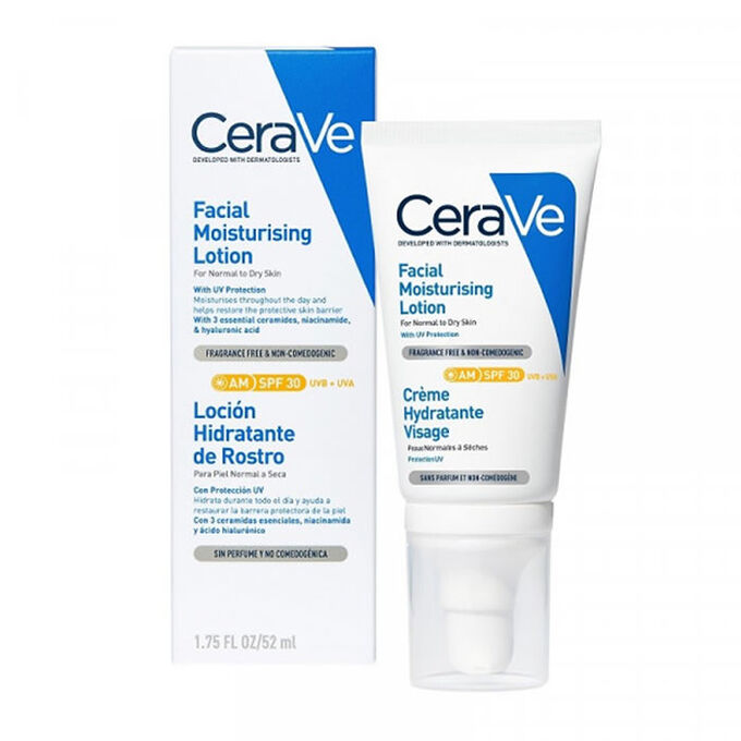 CeraVe Facial Moisturising Lotion SPF30 52ml white pump bottle on clean background