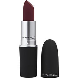 MAC Powder Kiss Lipstick in Burning Love No. 305, deep berry shade in black bullet packaging