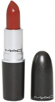 MAC Powder Kiss Lipstick in Dubonnet 108, a rich burgundy shade, shown with bullet tube.