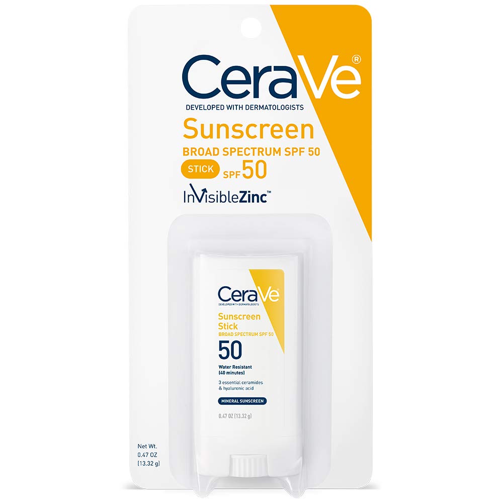 CeraVe mineral sunscreen stick in white packaging with SPF 50 label