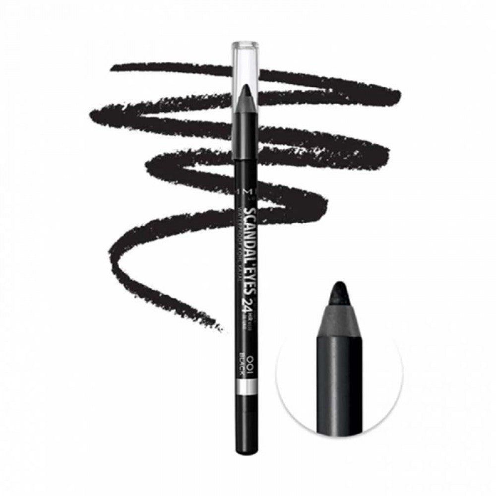 Rimmel Scandaleyes Waterproof Kohl Kajal Liner in 001 Black, 1.3g pencil with a black cap and silver branding on a white background.