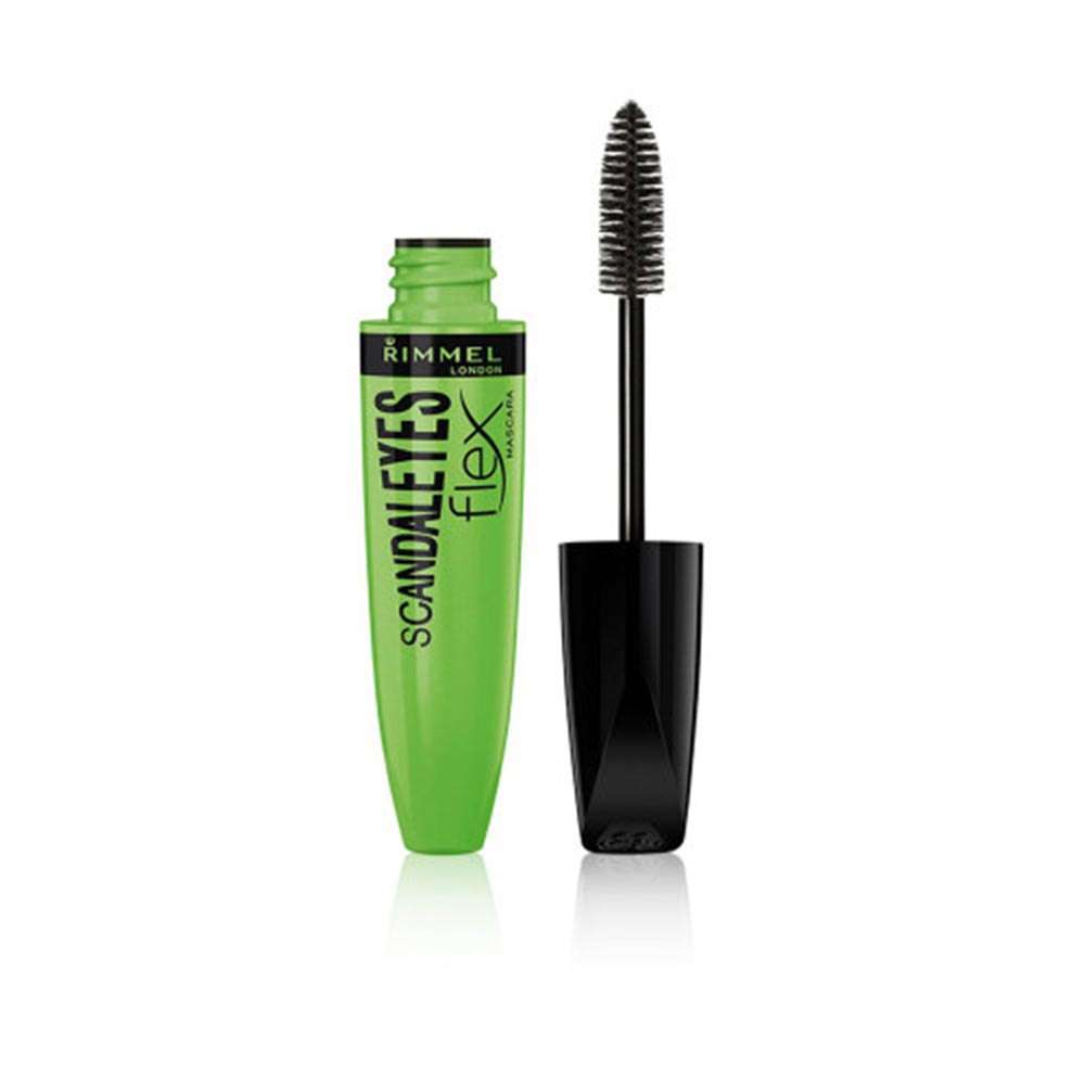 Close-up of Rimmel Lycra Scandal Eyes Flex Mascara with black tube and wider brush