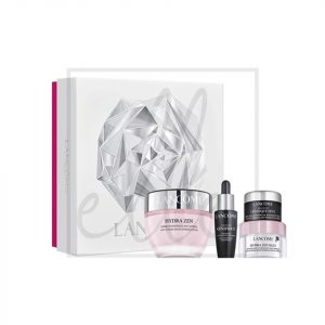 Lancôme Hydra Zen Day Cream set with four white and silver tubes and a jar on a clean surface