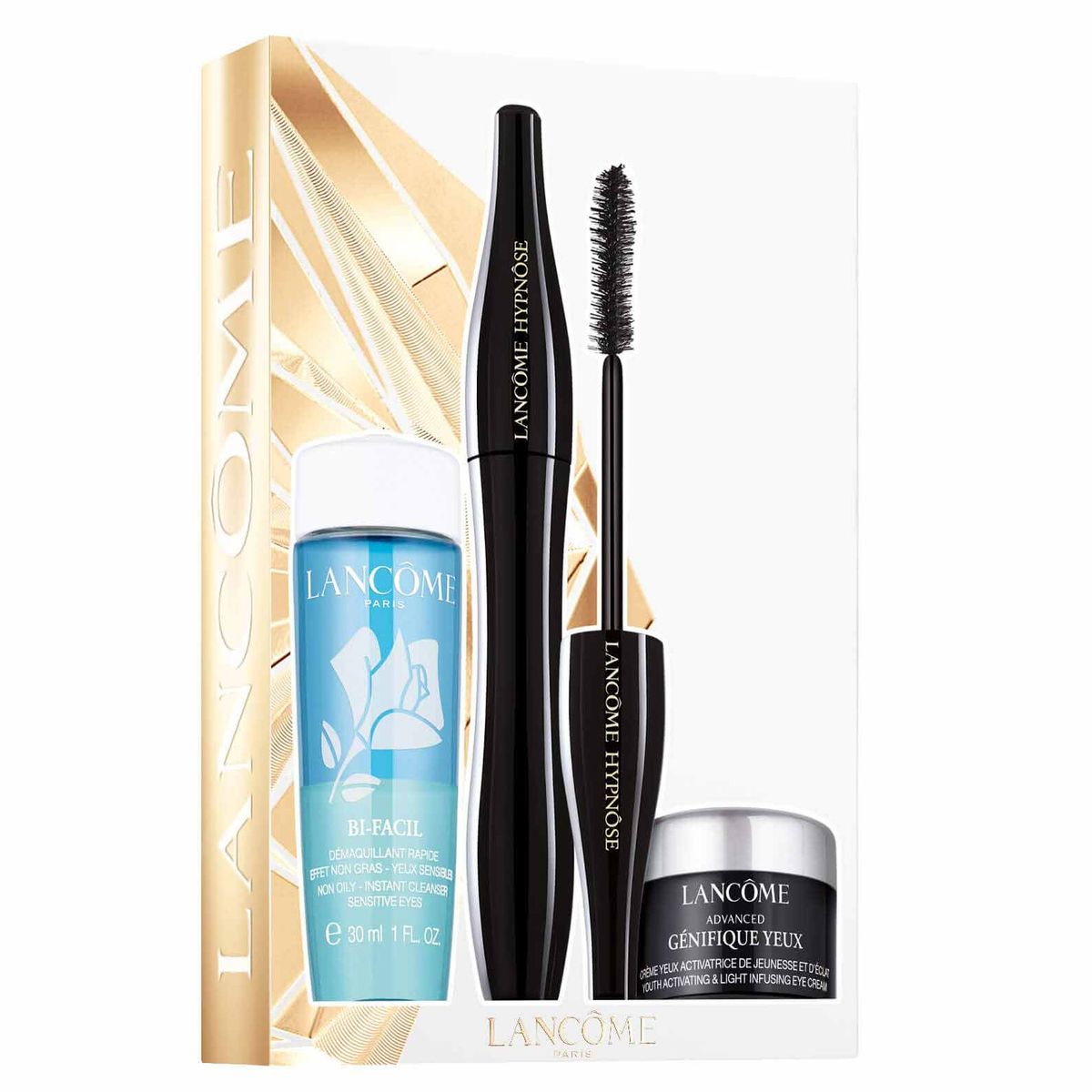 Lancome Hypnose 3-Piece Gift Set in elegant black box with mascara, eyeliner, and lipstick visible