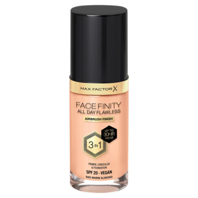 Max Factor All Day Flawless Foundation in Warm Almond 45, glass bottle with black cap