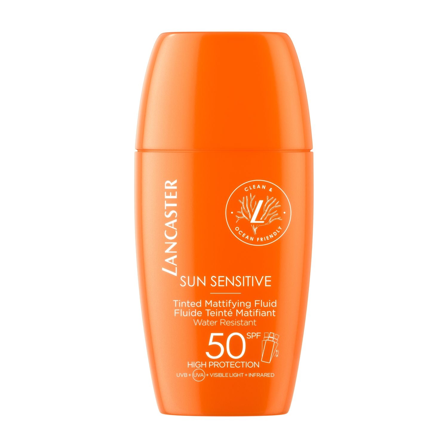 Lancaster Sun Sensitive Luminous Tan Tinted Mattifying Fluid SPF50 30ml packaging front view