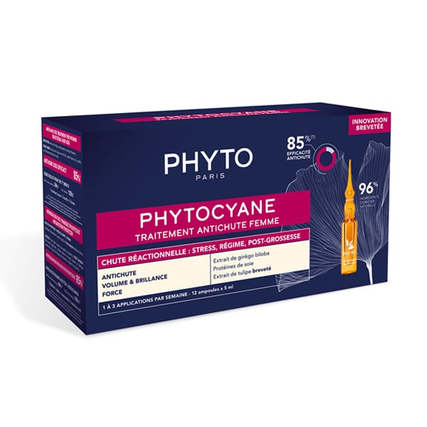 Phyto Phytocyane ampoules in a carton, 12 units of 5 ml each, with green and white labeling