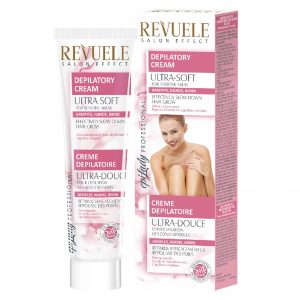Revuele Depilatory Cream Ultra-Suave 125ml tube on a white surface with soft lighting, highlighting the packaging design