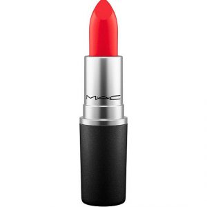 MAC Powder Kiss Lipstick in Lady Danger, a bold red shade in a matte black tube