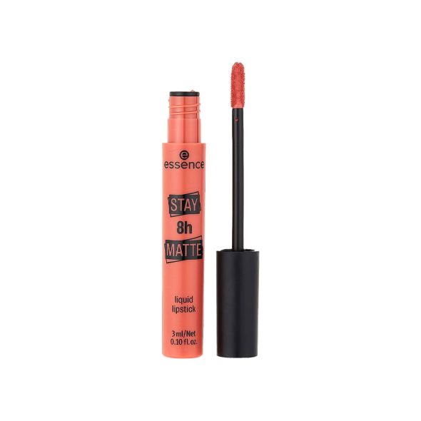 Essence Stay 8H Matte Liquid Lipstick in shade Down To Earth, a neutral brown, with slim tube and black cap