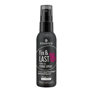 Essence Fix & Last 18H Make-Up Fixing Spray 50ml bottle with black cap and green accents